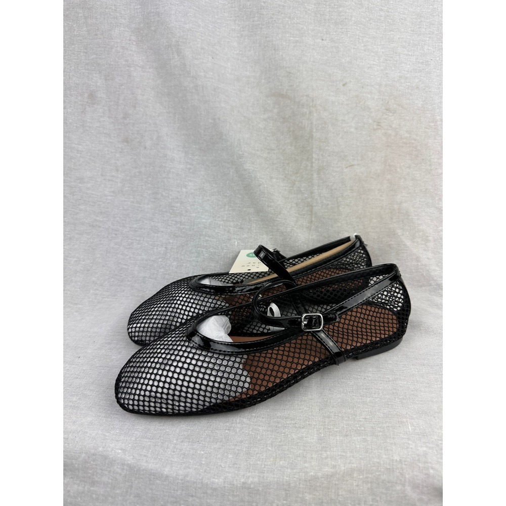 A New Day Black Mesh Mary Jane Flats Patent Trim Buckle Strap Womens 8.5 NEW